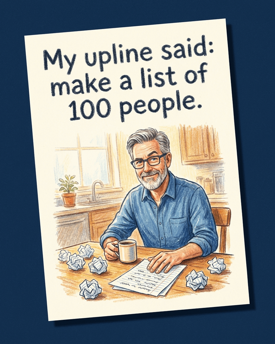 Crayon drawing of a man at his kitchen table surrounded by crumpled paper lists. Hand-lettered text: My upline said: make a list of 100 people.